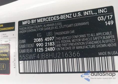 2017 Mercedes-Benz C 300 Luxury/Sport из США, поврежденный, VIN 55SWF4JB8HU216366